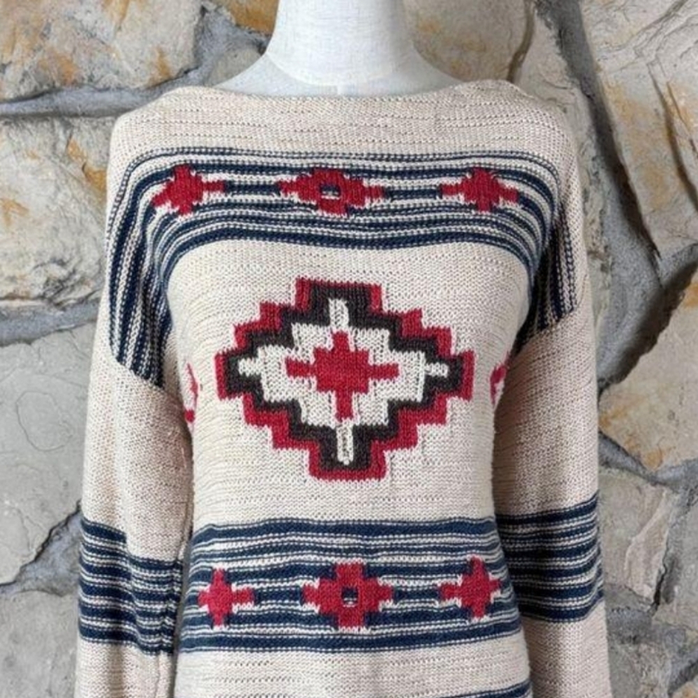 Vintage 1990's Ralph Lauren Knit Cotton Aztec Print Sweater Size M